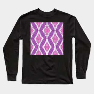 Pink, Purple, and White Diamond Stripes in Tie Dye Batik Style Long Sleeve T-Shirt